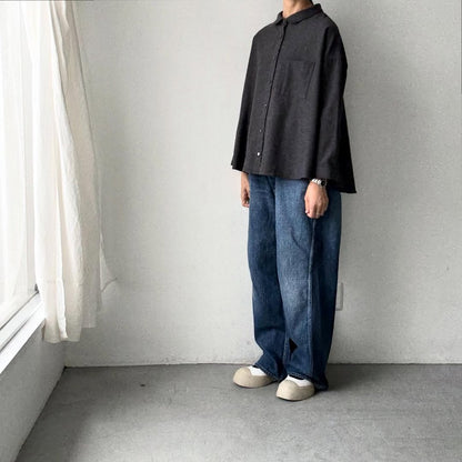 Linenya  コットンヤク丸襟長袖ブラウス　チャコール