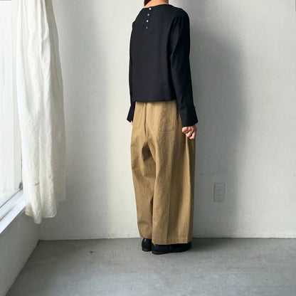 MAGALI コットンリネンアンティークキャンバスフラップパンツ　カーキ