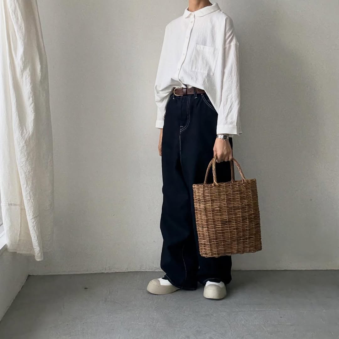 Linenya  コットン丸襟長袖ブラウス　ホワイト