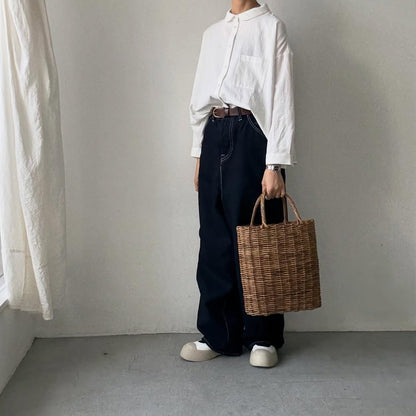 Linenya  コットン丸襟長袖ブラウス　ホワイト