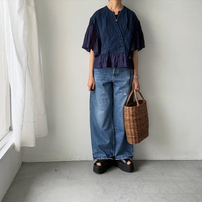 MAGALI インディゴリネンカシュクールブラウス　ネイビー