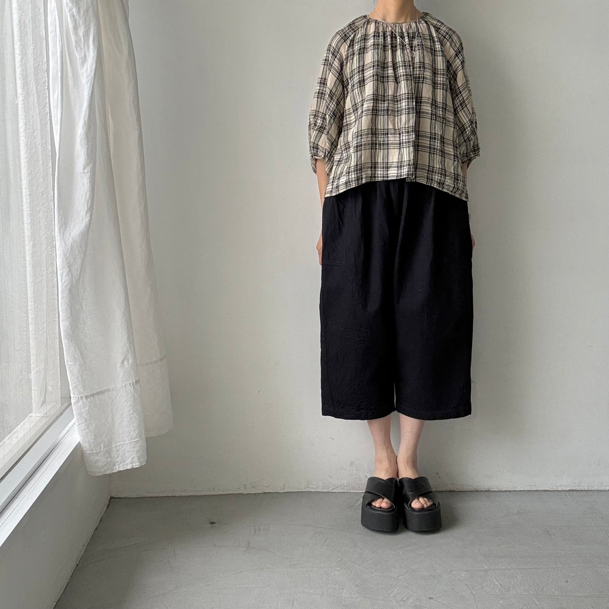 homspun デニムギャザーパンツ　ブルー