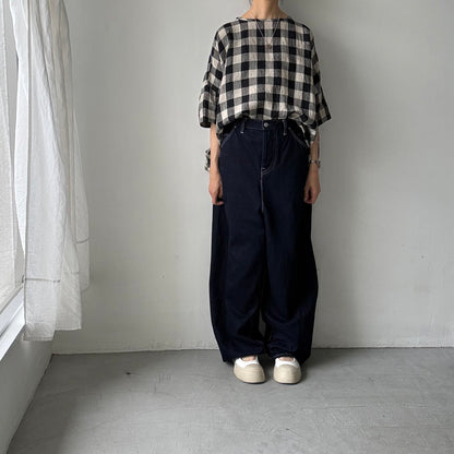 jujudhau ビッグチェックリネンワイドシャツ