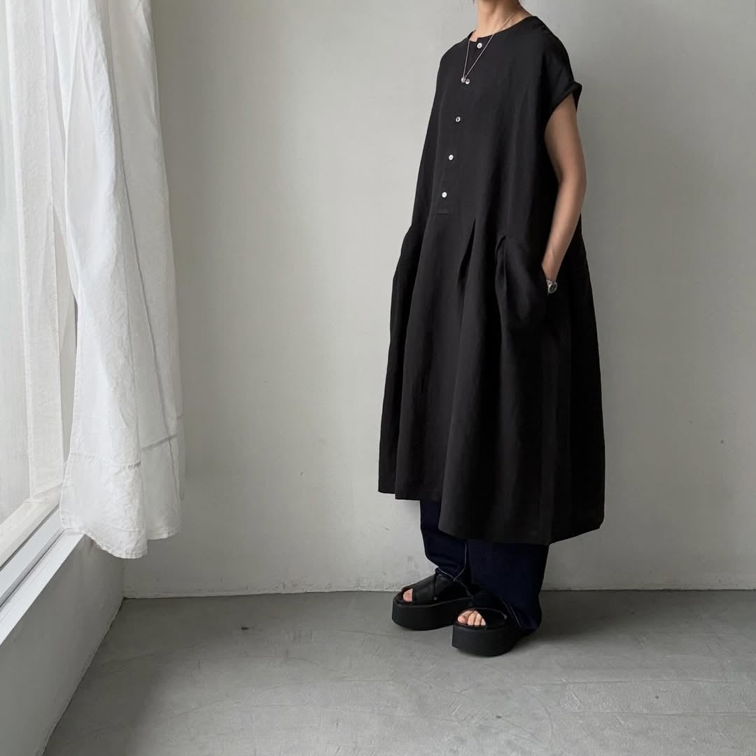 Linenya  リネンフレンチスリーブワンピース　ブラック