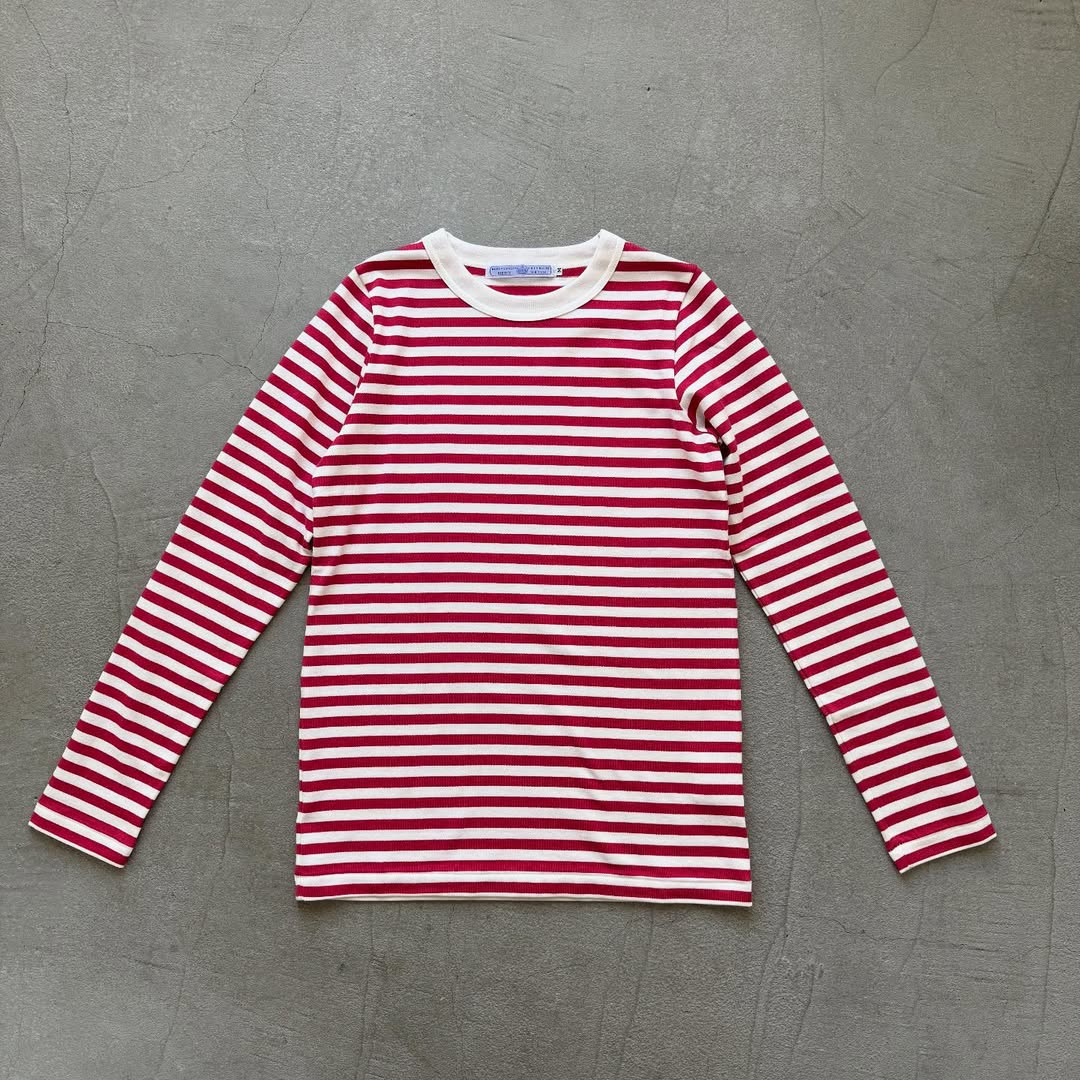 R&D.M.Co 裏起毛ボーダークルーネック長袖Tシャツ　ホワイト×ピンク