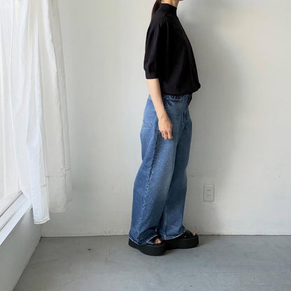 🟡木曜入荷分予約受付中🟡as it is   モックネックコットン5分袖ニット　ブラック　