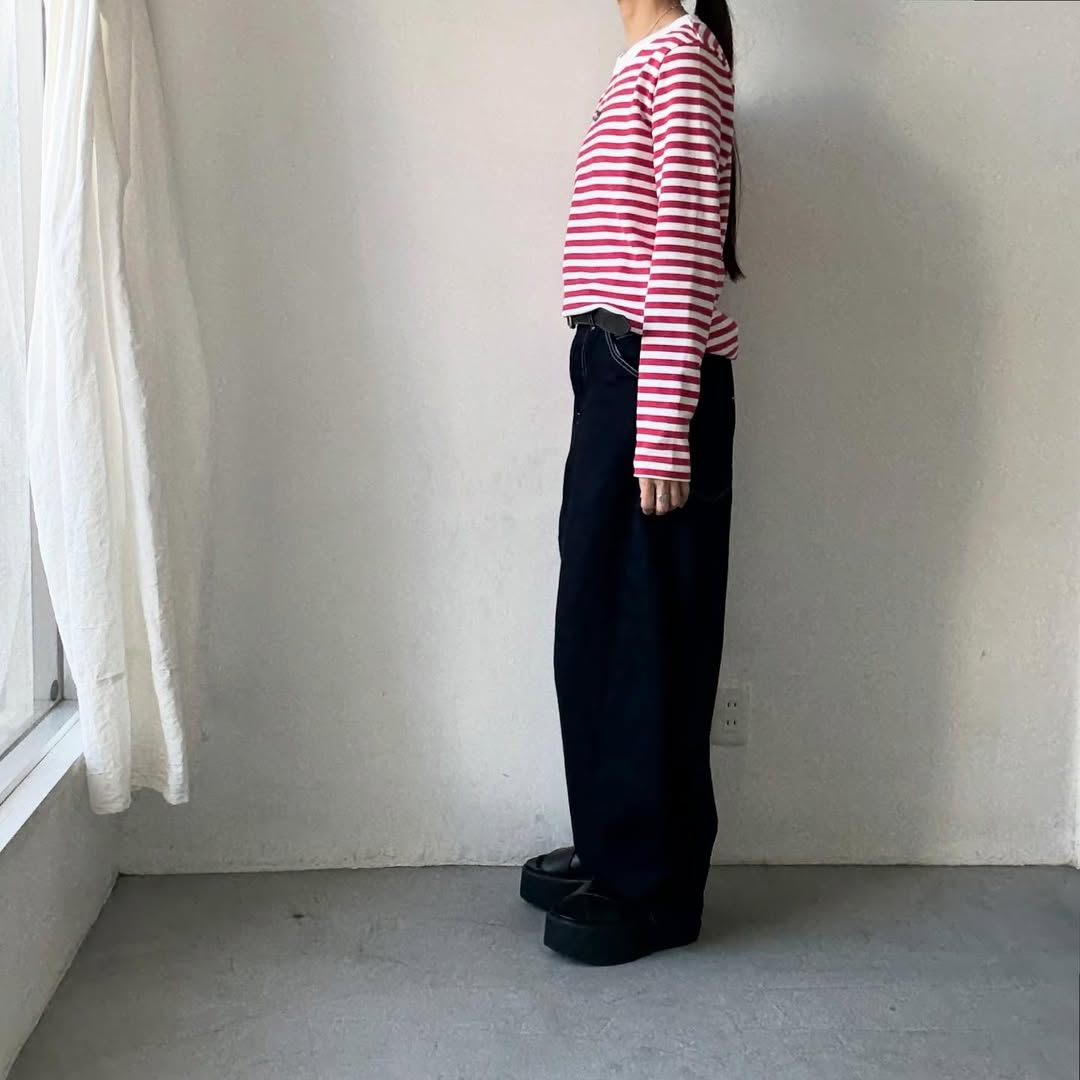 R&D.M.Co 裏起毛ボーダークルーネック長袖Tシャツ　ホワイト×ピンク