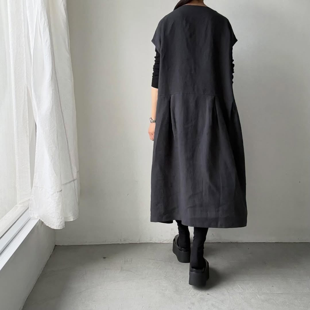 Linenya  リネンフレンチスリーブワンピース　チャコール