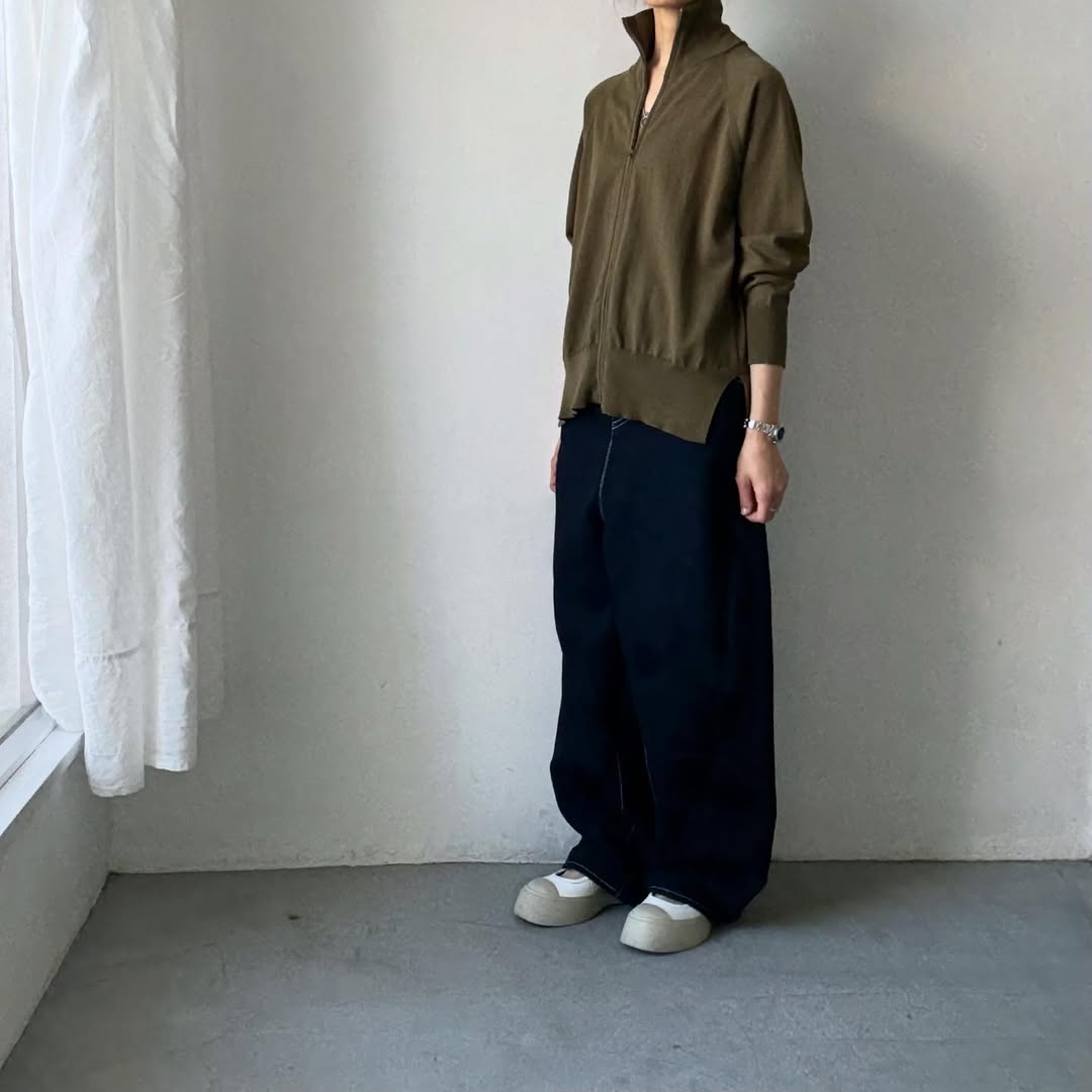 homspun ソフトコットンジップアップカーディガン　カーキ