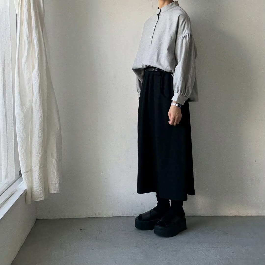 Linenya  コットンリネンウール長袖スタンドカラーブラウス