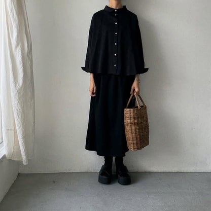 Linenya  コットン丸襟長袖ブラウス　ブラック