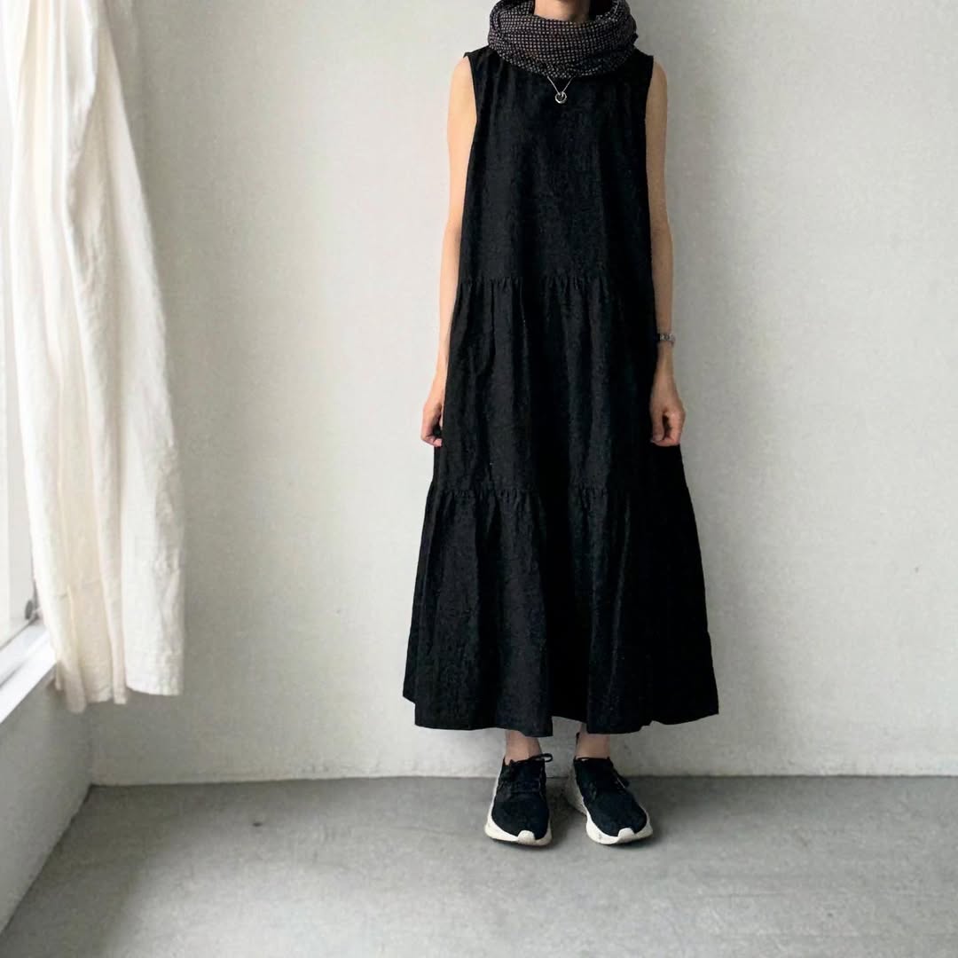 Linenya コットンリネンティアードワンピース（薄地） Linenya ティアードワンピース ブラック ロング丈 – blanc