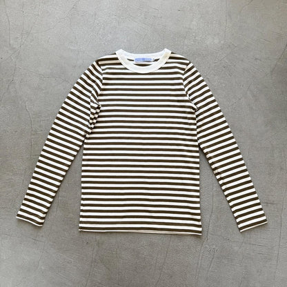 R&D.M.Co 裏起毛ボーダークルーネック長袖Tシャツ　ホワイト×カーキ