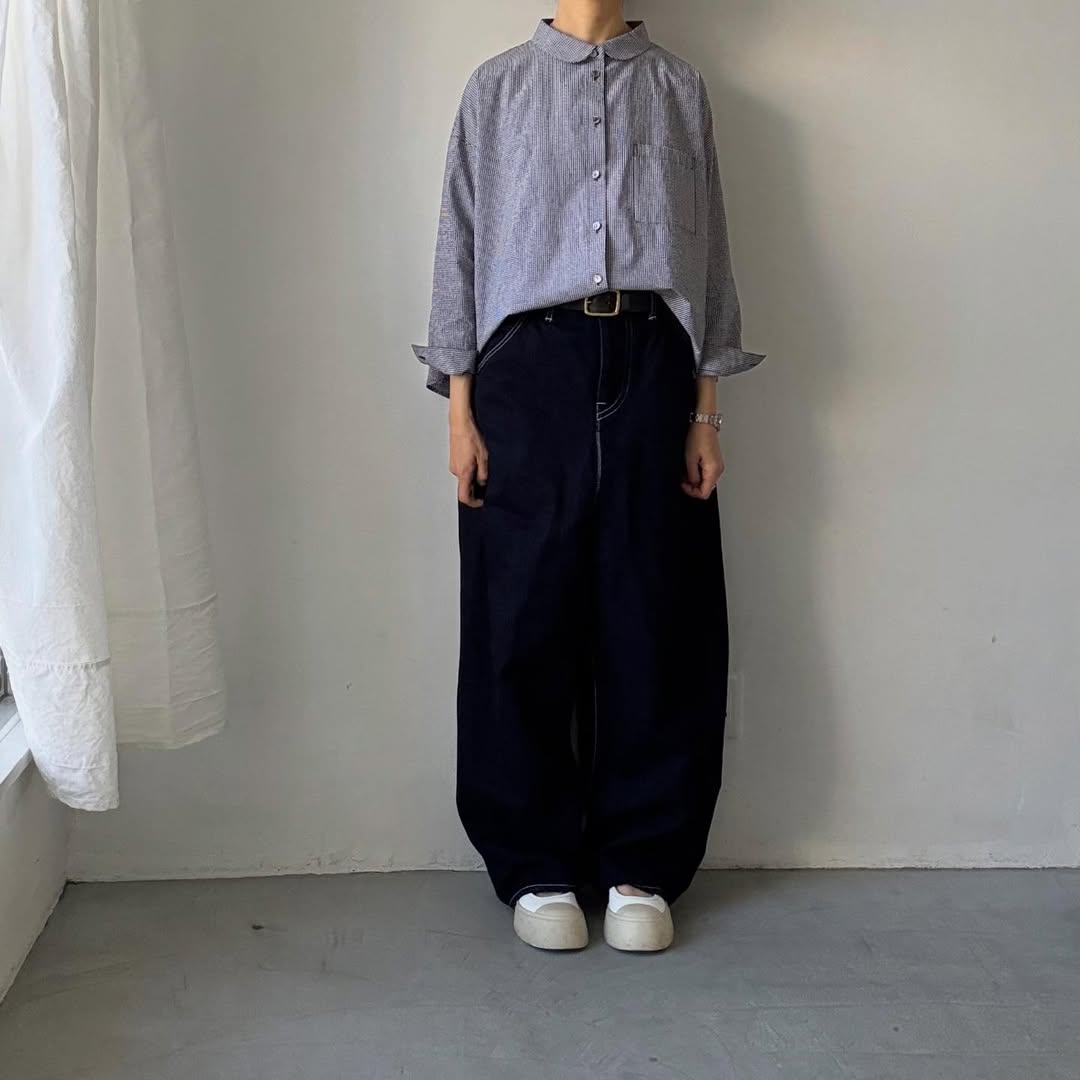 🟡週末入荷分予約受付中🟡Linenya  ギンガム丸襟長袖ブラウス　ホワイト×ブラック