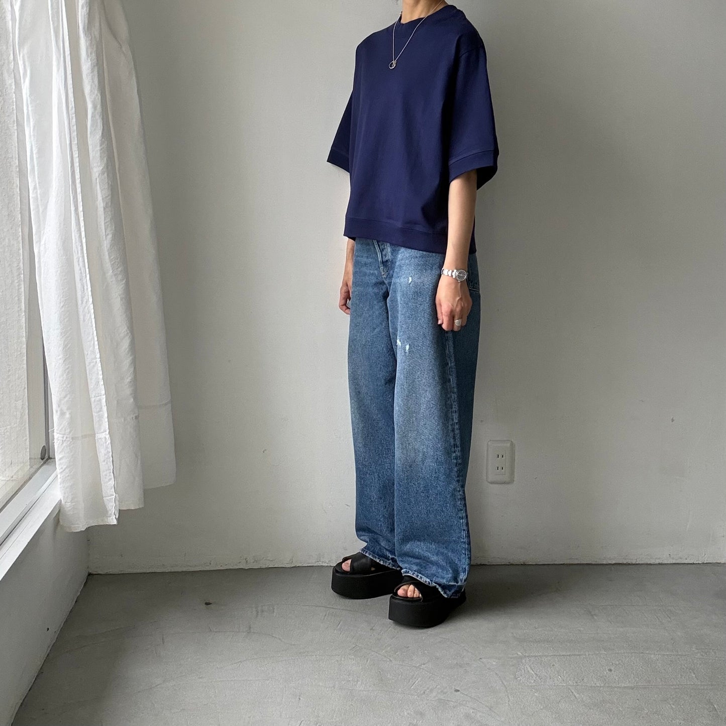 atelier d'antan  Bordet コットンジャージー５分袖プルオーバー　ダークブルー