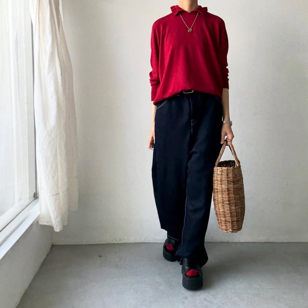 cion  ウールフリルカラーポロニット　レッド