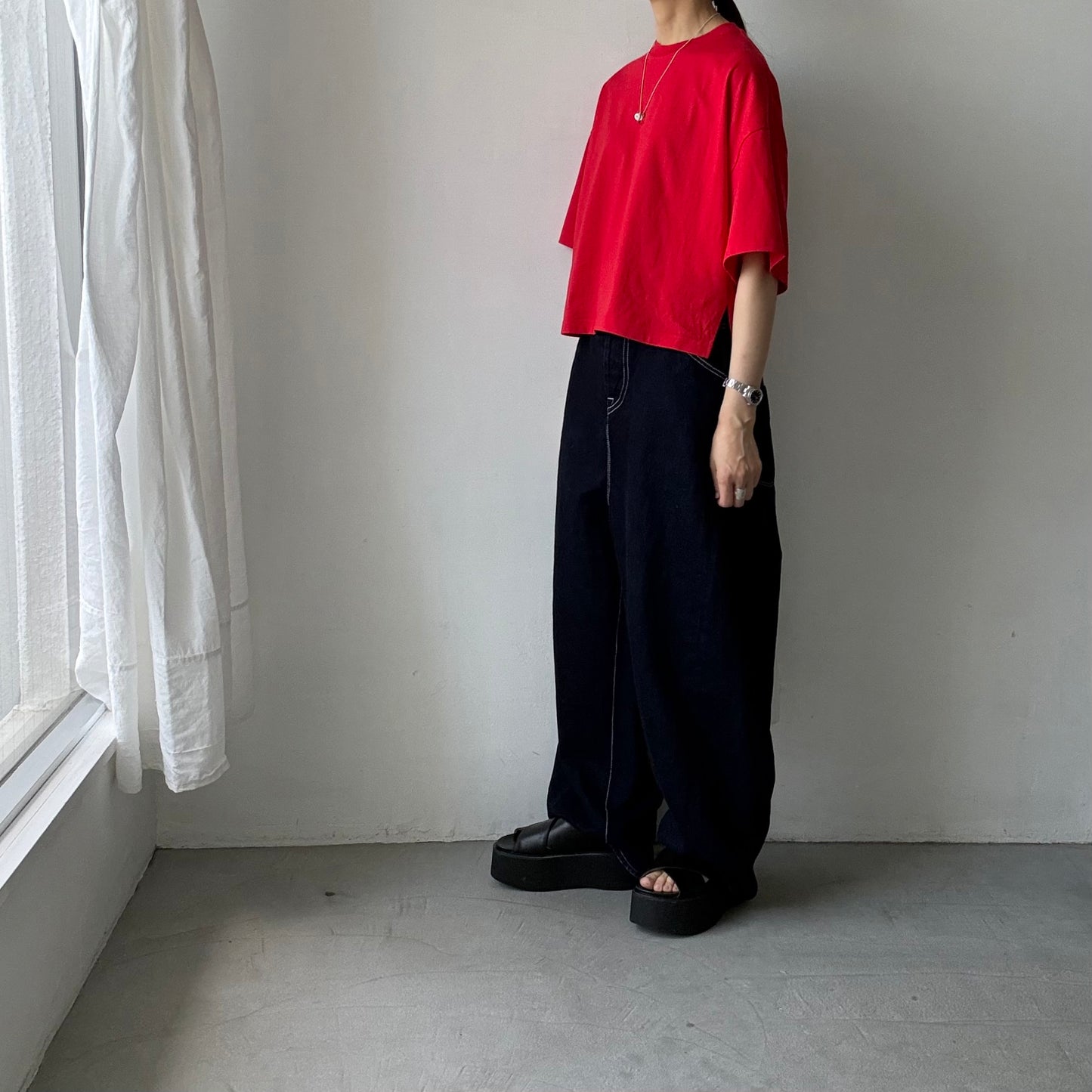 atelier naruse  コットン5分袖カットソー　レッド
