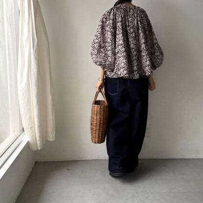 R&D.M.Co ワイルドベリーリネンギャザースモック　ブラック×フラックス