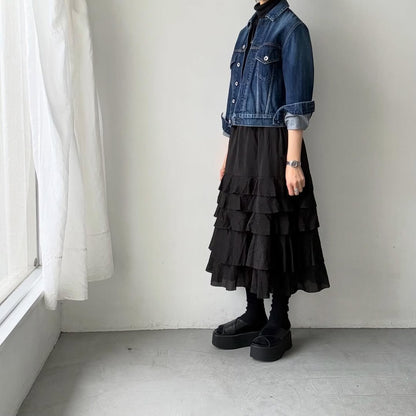 MAGALI コットンシルクブレイドティアードスカート　ブラック