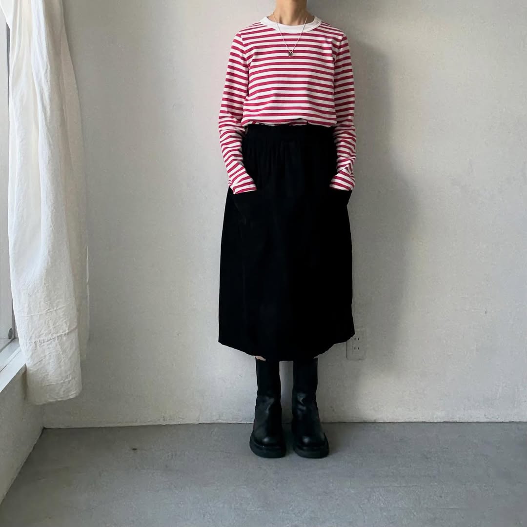 R&D.M.Co 裏起毛ボーダークルーネック長袖Tシャツ　ホワイト×ピンク