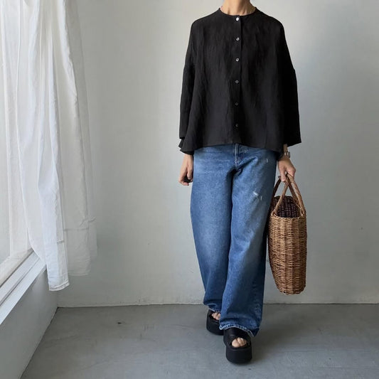 🟡週末入荷分予約受付中🟡Linenya  リネンバッグギャザーブラウス　ブラック