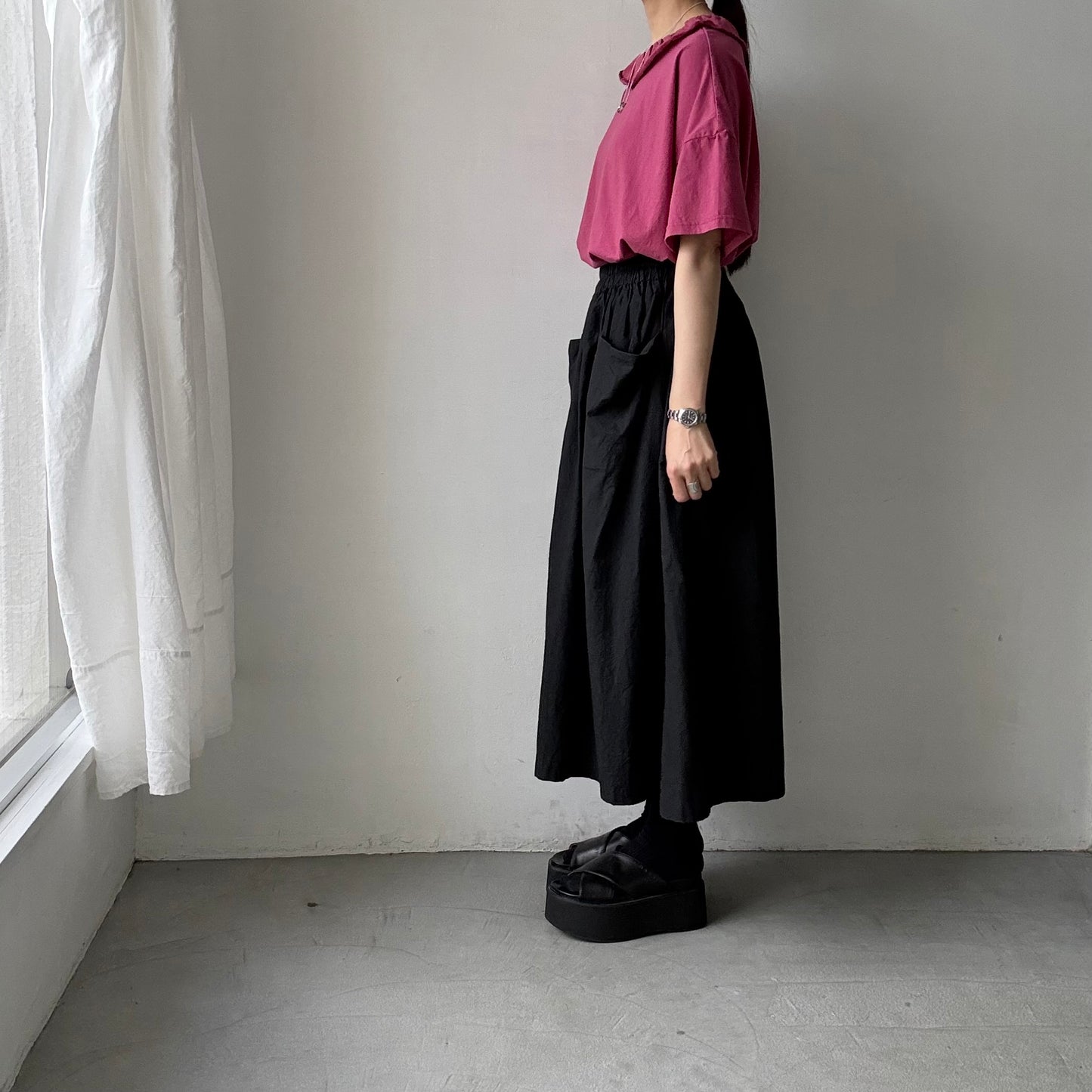homspun 天竺フリルカラー半袖プルオーバー　ワイン