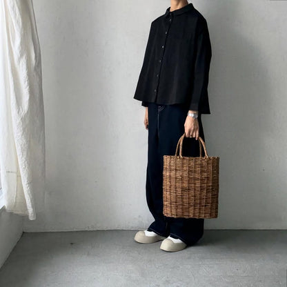 Linenya  コットン丸襟長袖ブラウス　ブラック