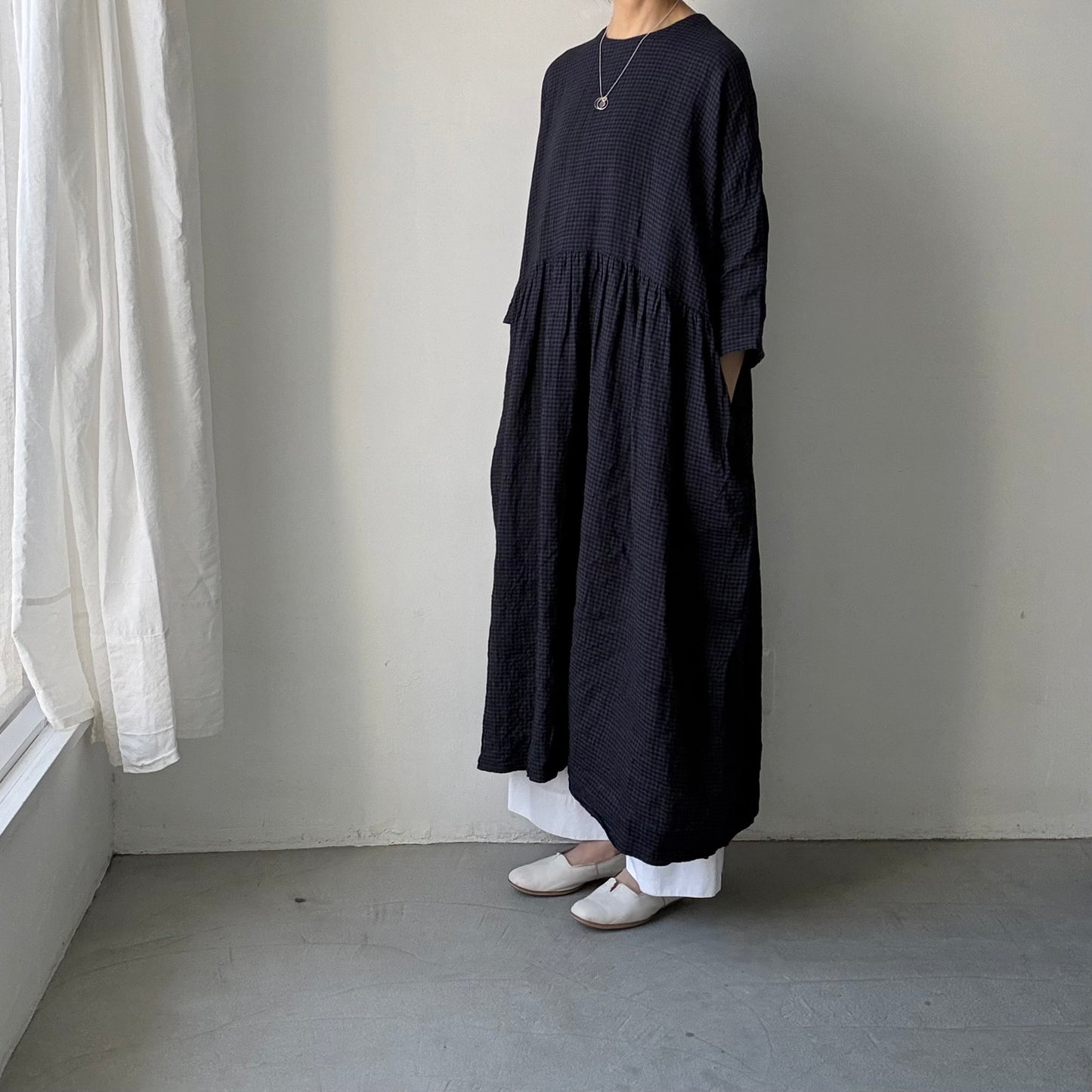 jujudhau ギンガムリネンギャザードレス