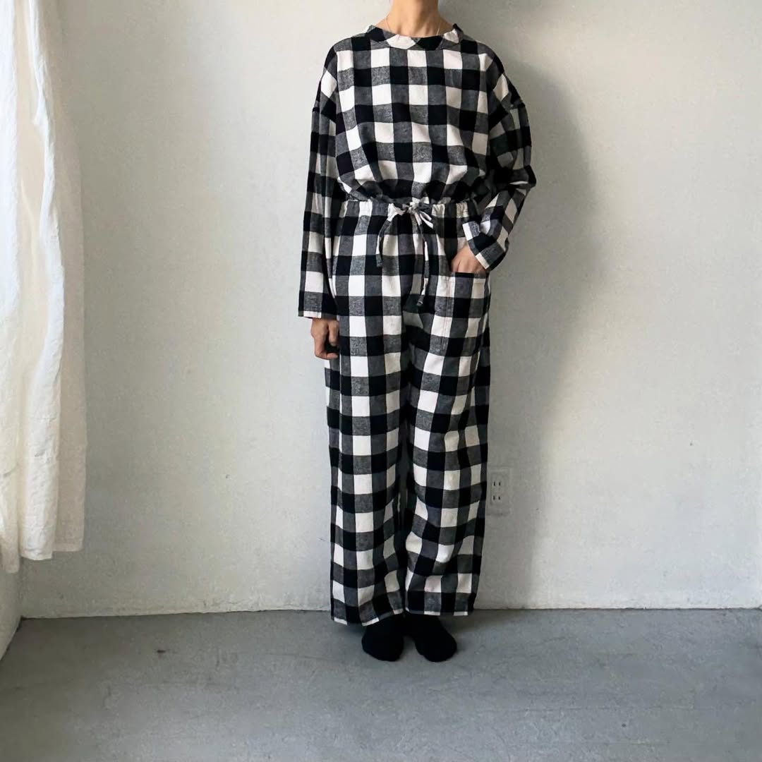 homspun ブロックチェックルームウェアセット　オフホワイト×ブラック
