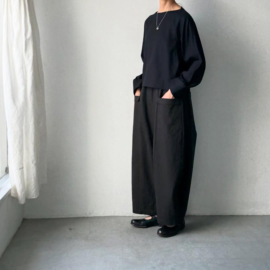 MAGALI コットンリネンアンティークキャンバスフラップパンツ　ブラック