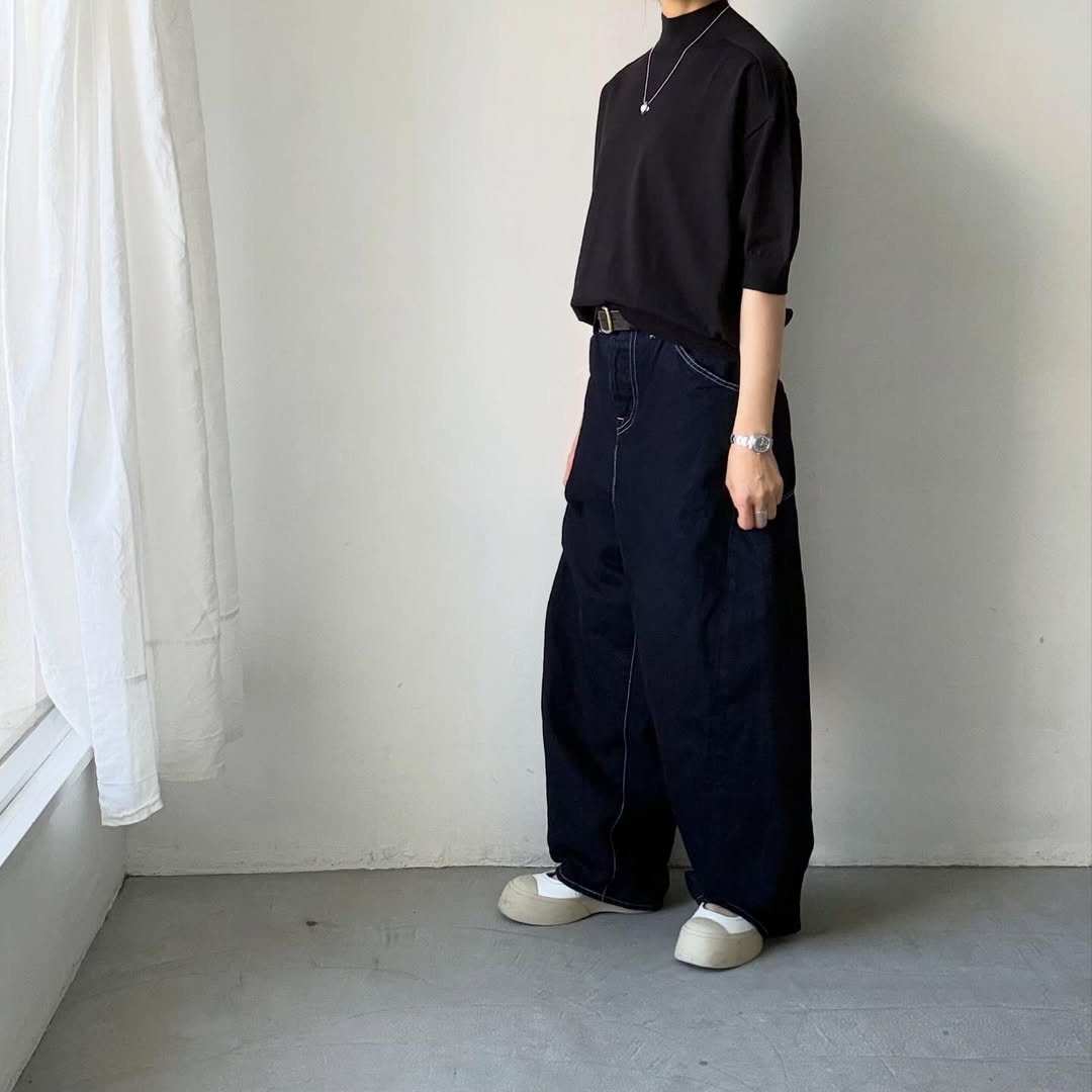 🟡木曜入荷分予約受付中🟡as it is   モックネックコットン5分袖ニット　ブラック　