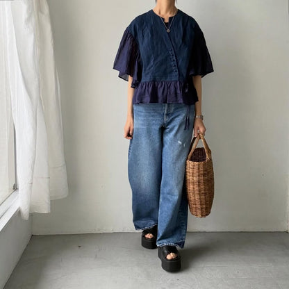 MAGALI インディゴリネンカシュクールブラウス　ネイビー