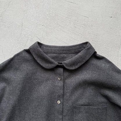 Linenya  コットンヤク丸襟長袖ブラウス　チャコール