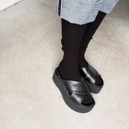 homspun コットンウールかのこ編みハイソックス　ブラック