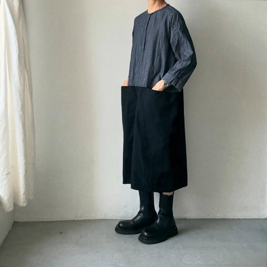 homspun ライトオンスシャンブレー比翼7分袖ノーカラーワンピース　ネイビー×ブラック