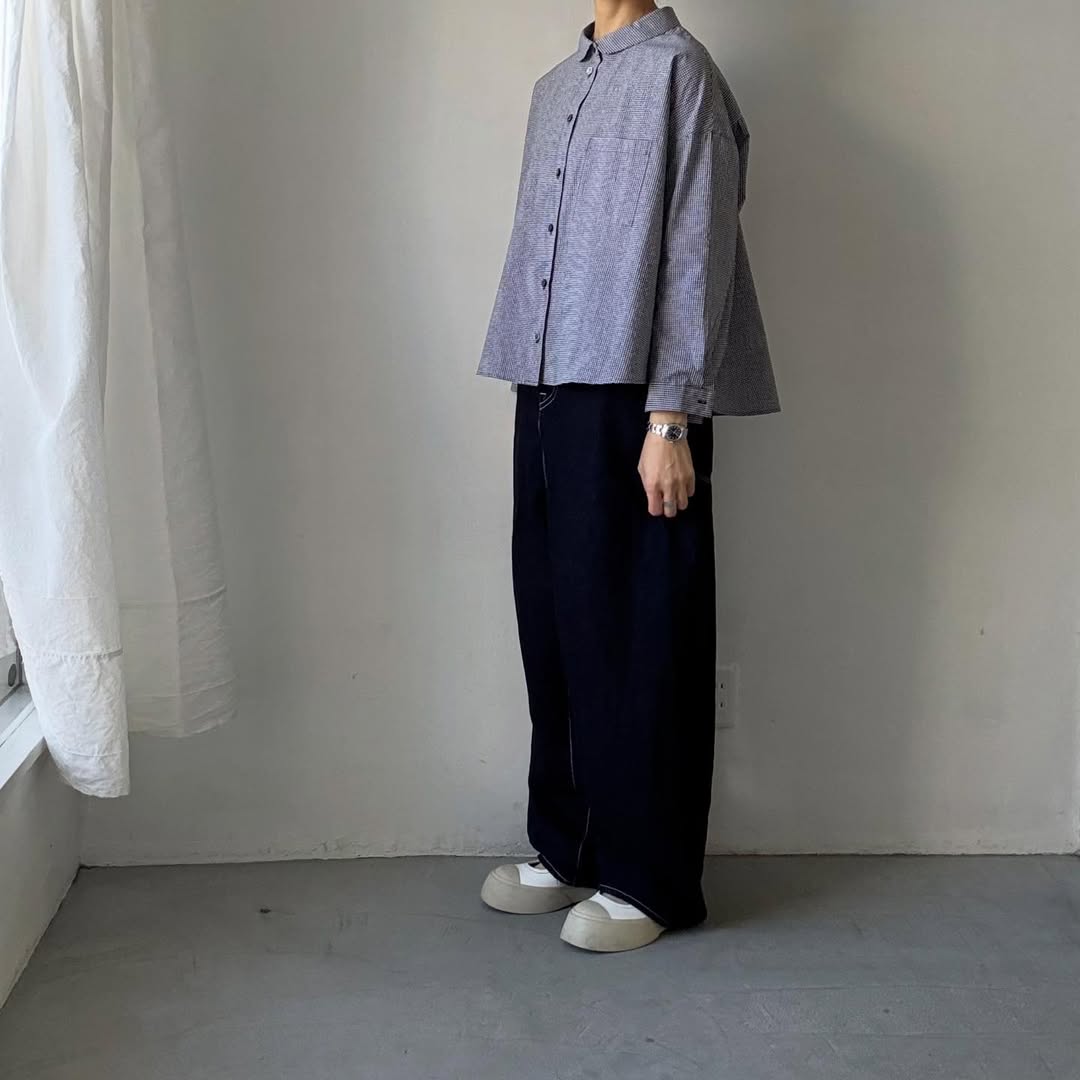 🟡週末入荷分予約受付中🟡Linenya  ギンガム丸襟長袖ブラウス　ホワイト×ブラック