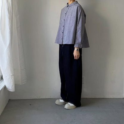 🟡週末入荷分予約受付中🟡Linenya  ギンガム丸襟長袖ブラウス　ホワイト×ブラック