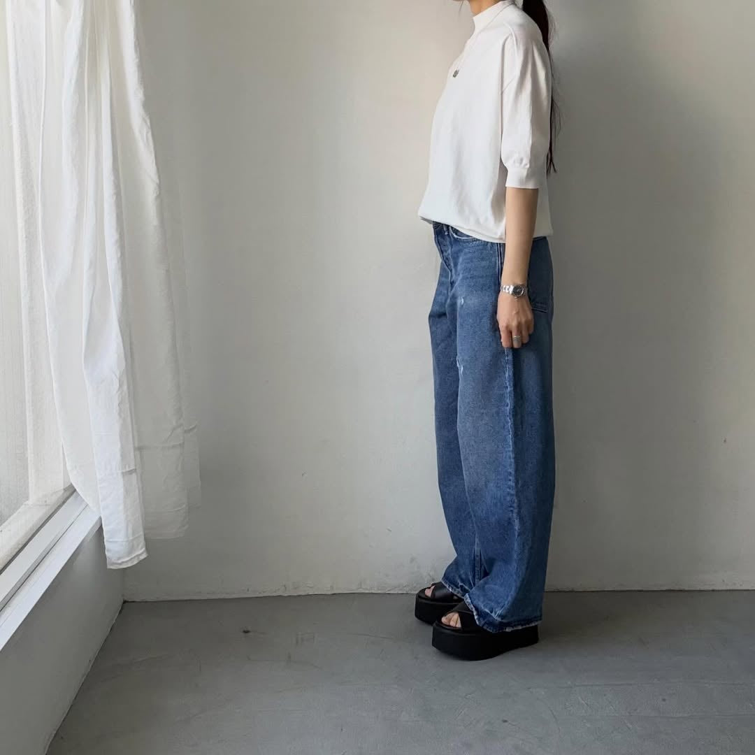 🟡木曜入荷分予約受付中🟡as it is   モックネックコットン5分袖ニット　ホワイト