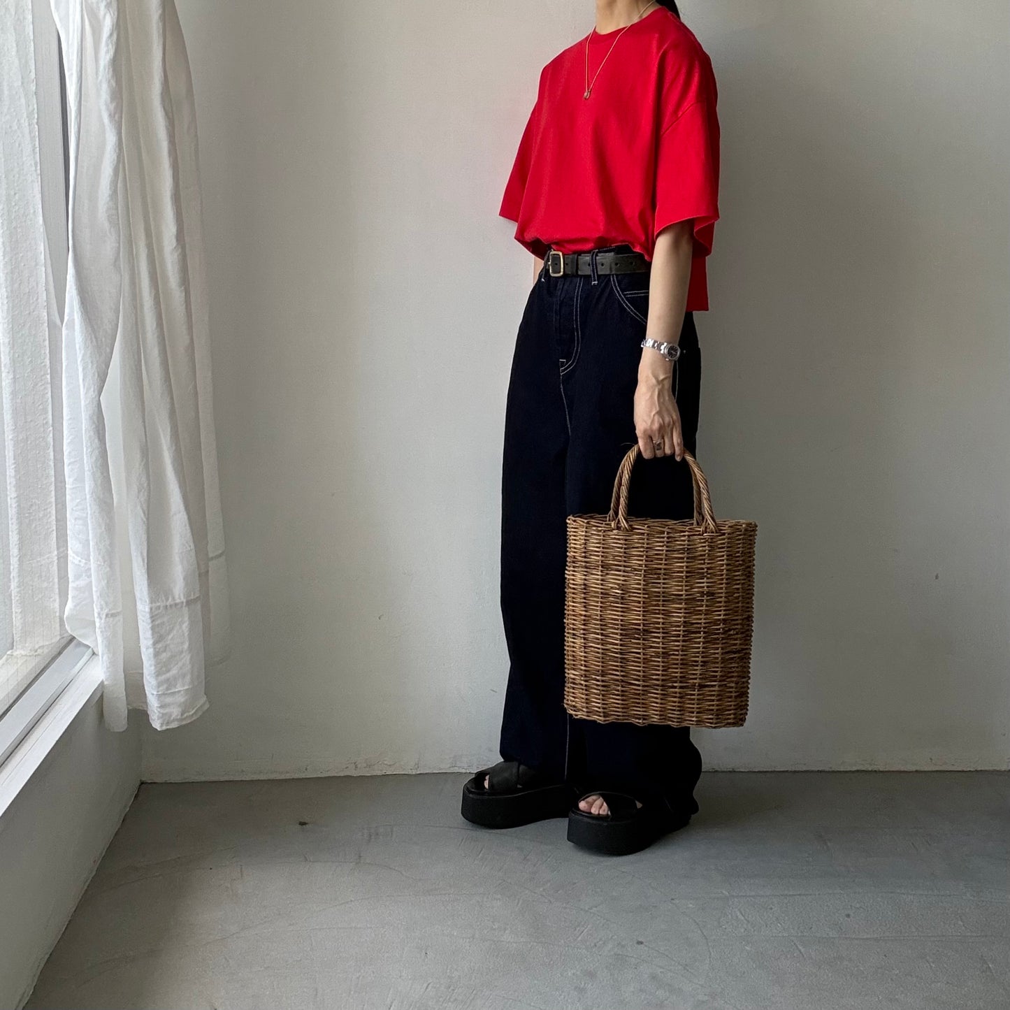 atelier naruse  コットン5分袖カットソー　レッド