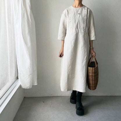 MAGALI ハイカウントコットンリネングレースドレス　オートミール