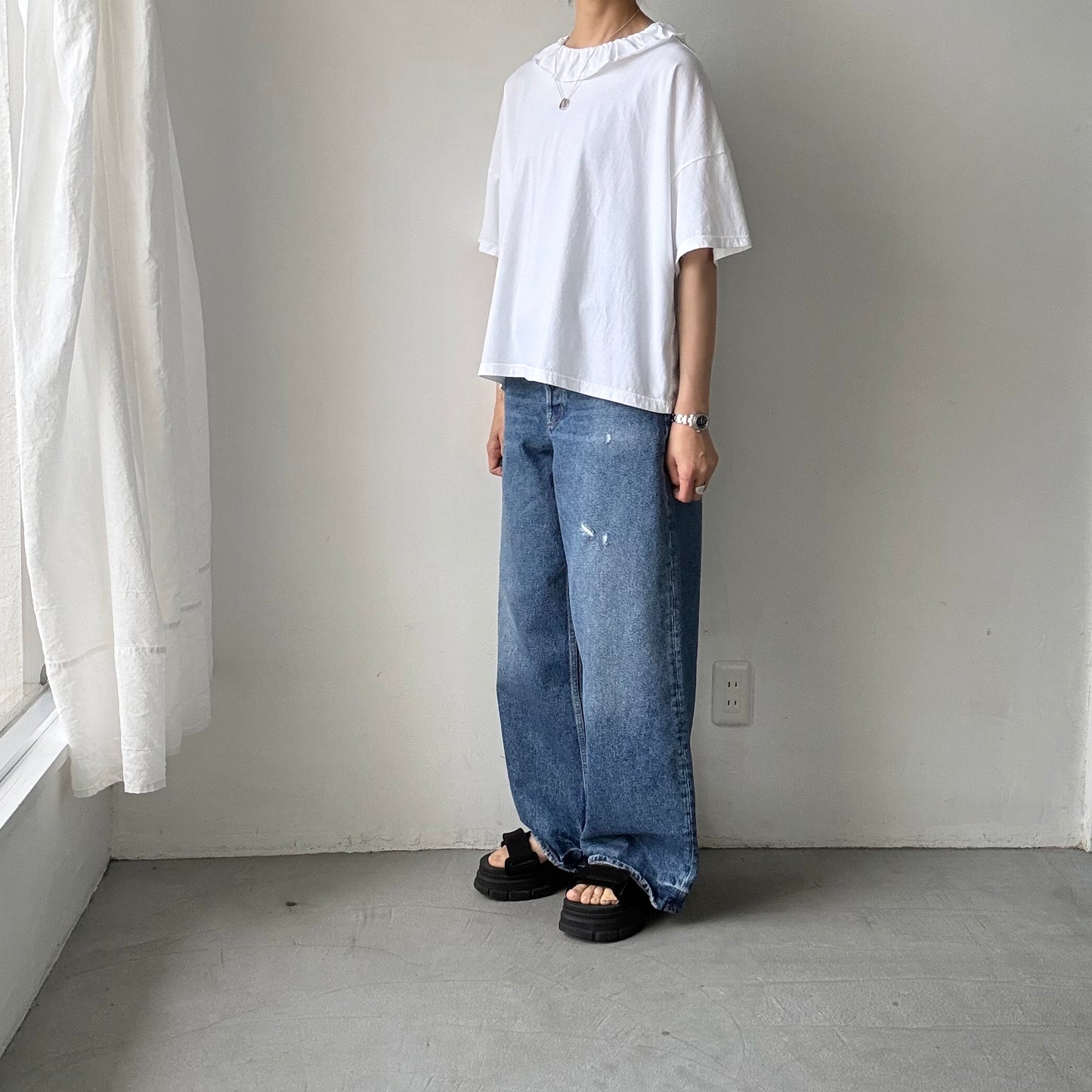 homspun 天竺フリルカラー半袖プルオーバー　ホワイト