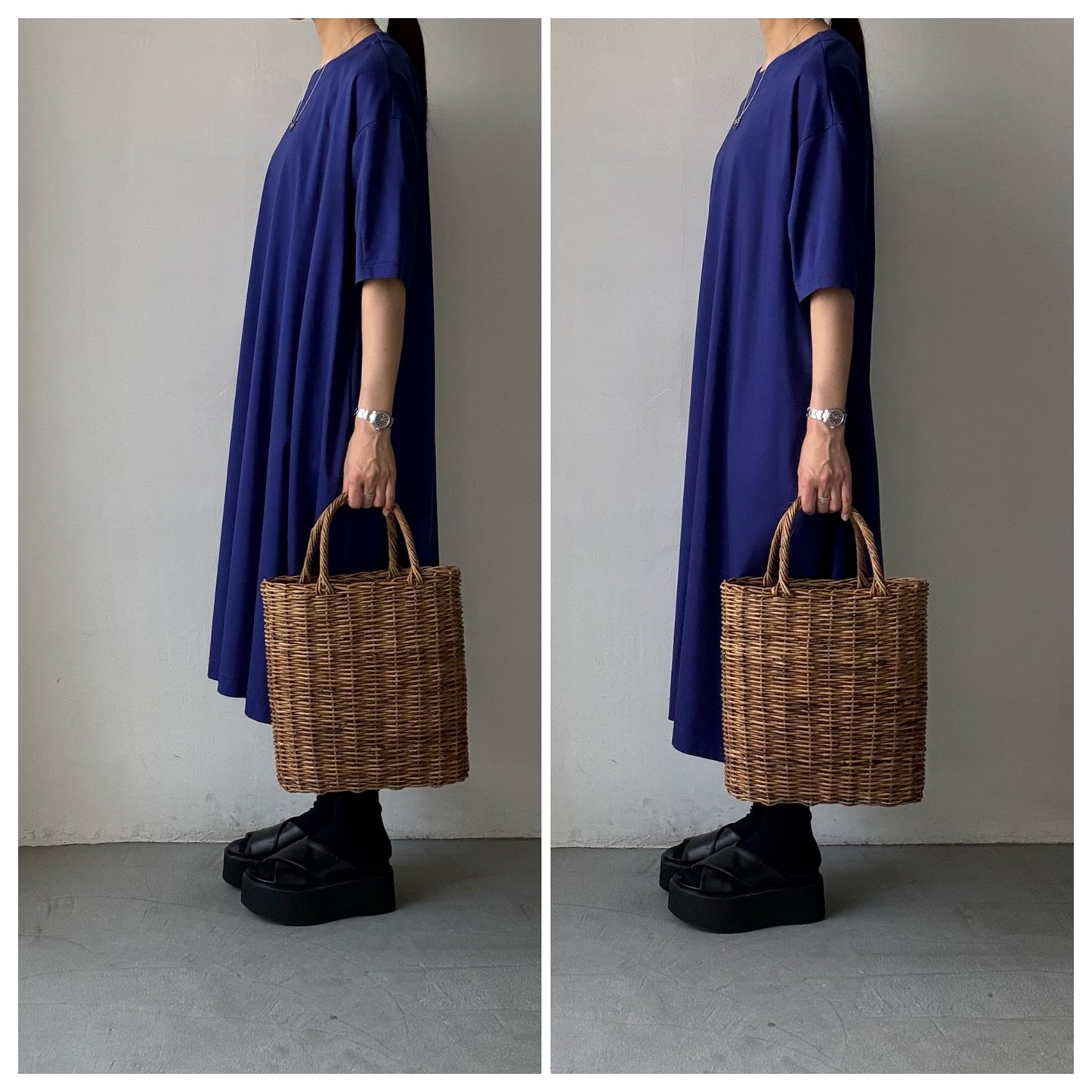 atelier naruse  コットンカットソーコクーンワンピース　ネイビーブルー