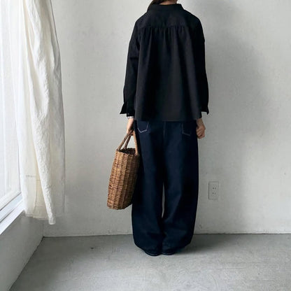 Linenya  コットン丸襟長袖ブラウス　ブラック