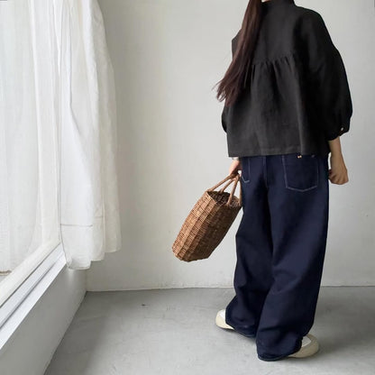 Linenya  リネンスタンドカラーブラウス　ブラック