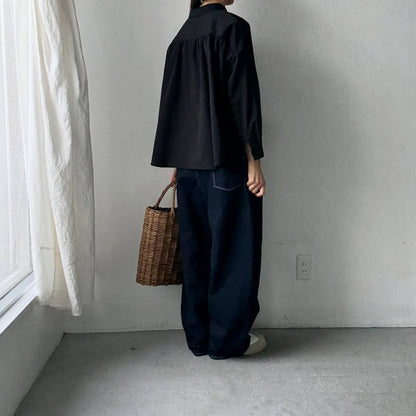 Linenya  コットン丸襟長袖ブラウス　ブラック