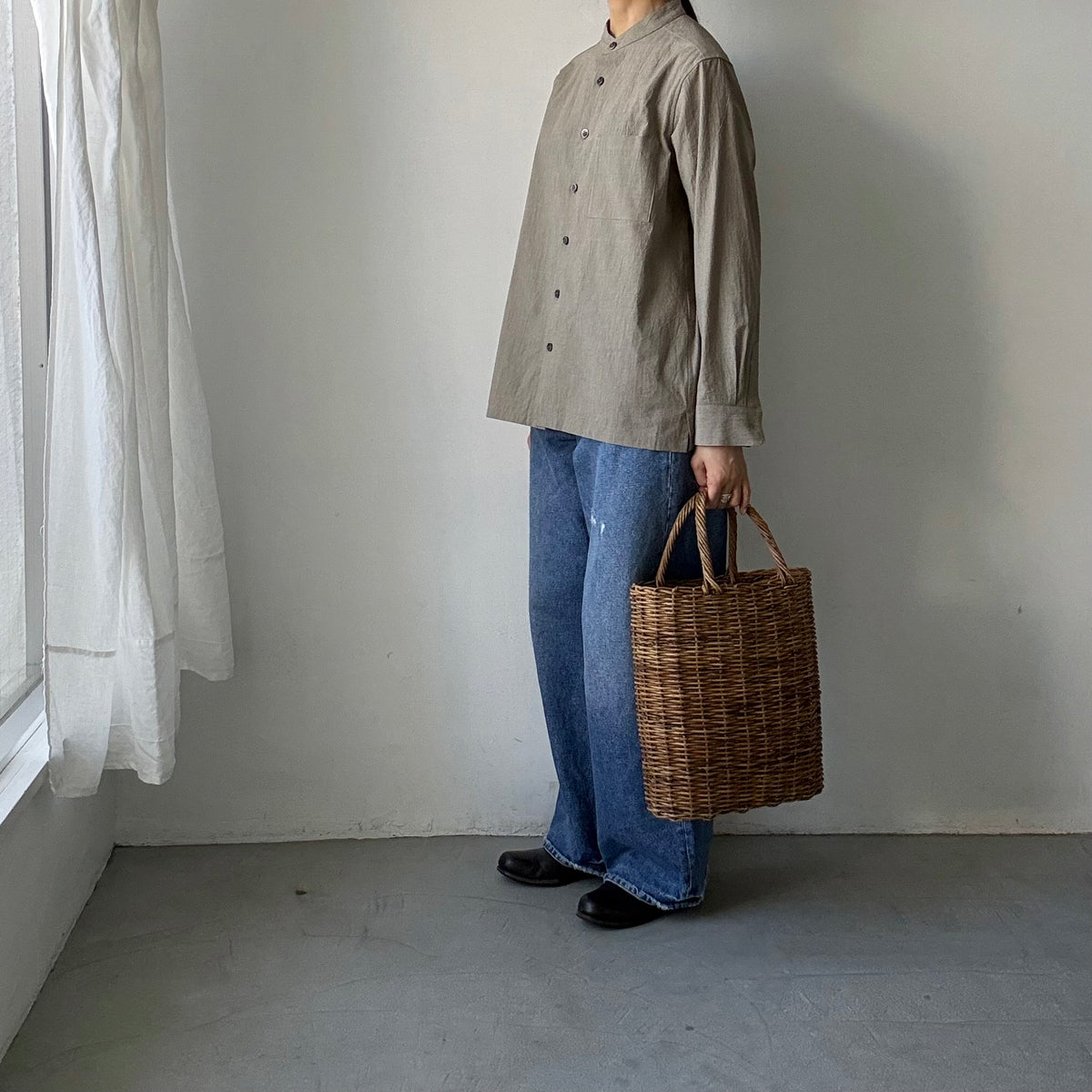 atelier naruse  オーガニックコットングレンチェックバンドカラーシャツ