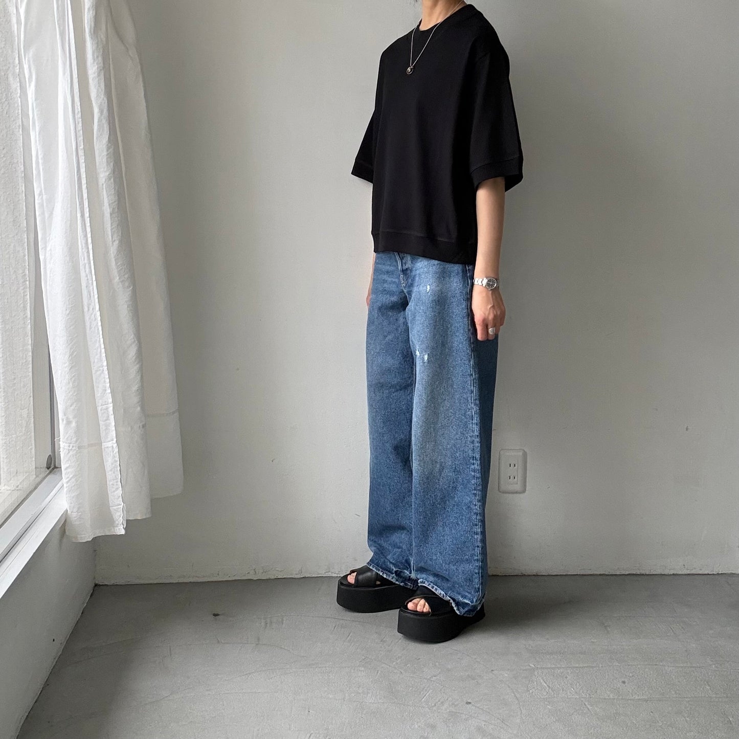 atelier d'antan  Bordet  コットンジャージー５分袖プルオーバー　ブラック