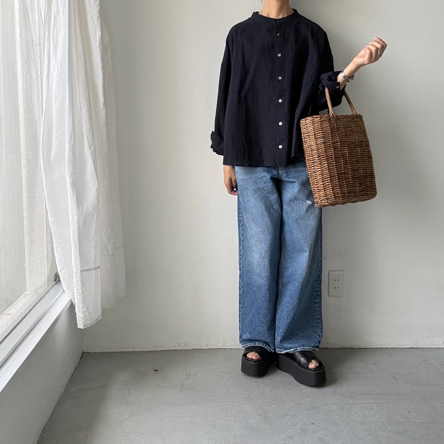 Linenya  リネンコットン千鳥格子バンドカラー長袖シャツ