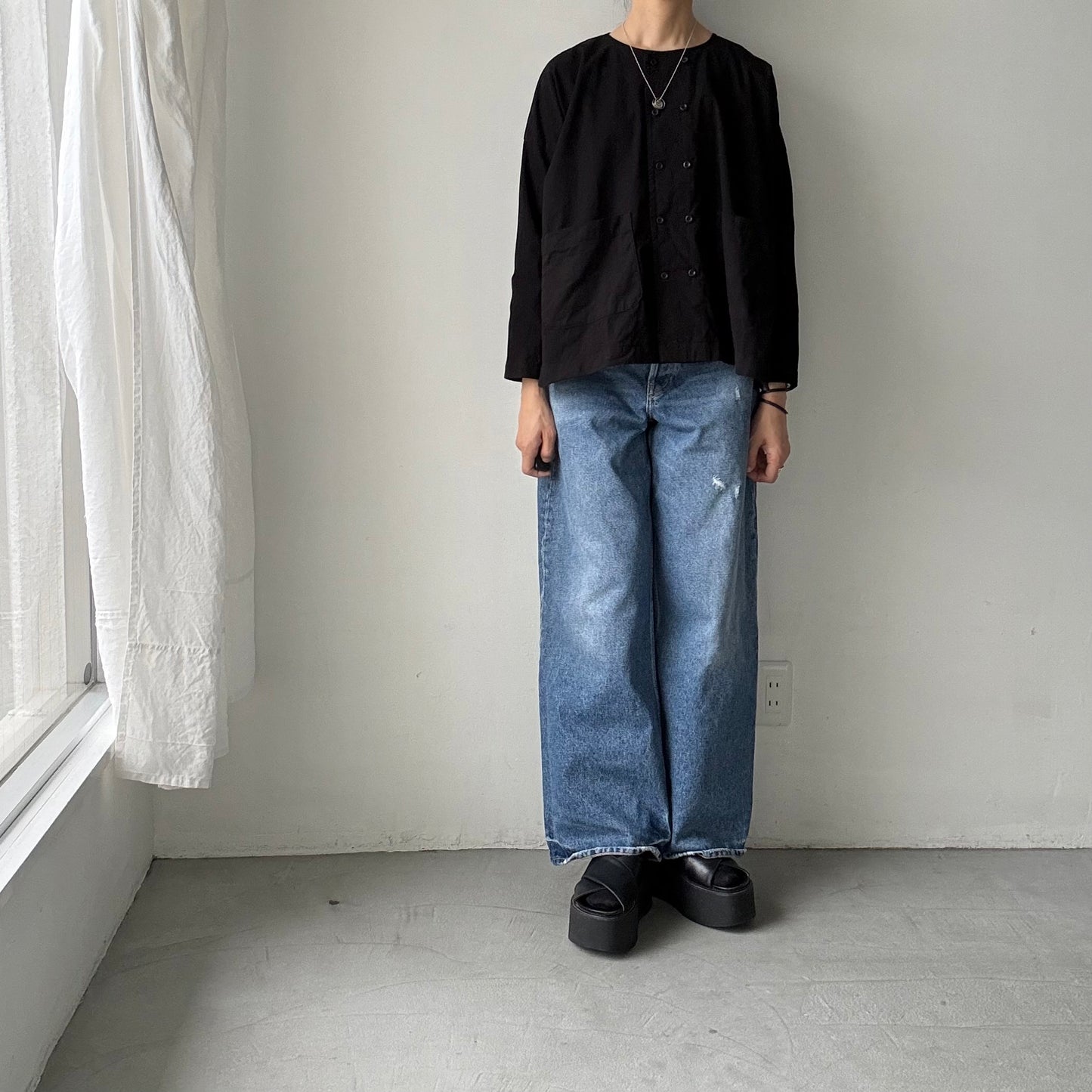 jujudhau デッドストックコットンダブルボタンシャツ　ブラック