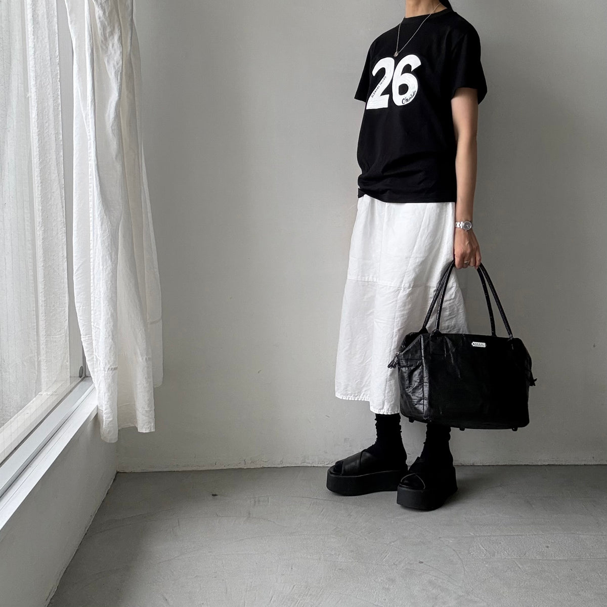 OLDMANS TAILOR   ブラシストロークプリント半袖Tシャツ　ブラック